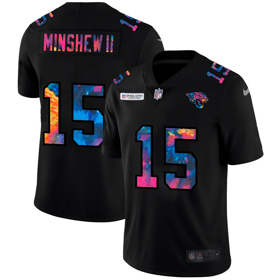Men Nike Jacksonville Jaguars 15 Gardner Minshew II Multi-Color Black 2020 NFL Crucial Catch Vapor Untouchable Limited Jersey